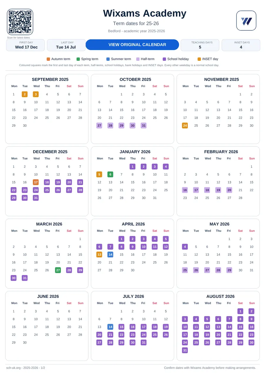 Wixams Academy interactive calendar 2025–2026