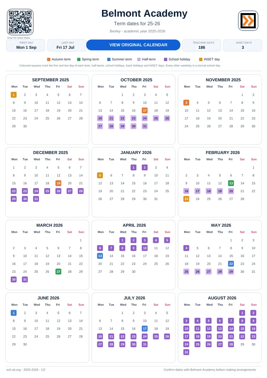 Belmont Academy interactive calendar 2025–2026