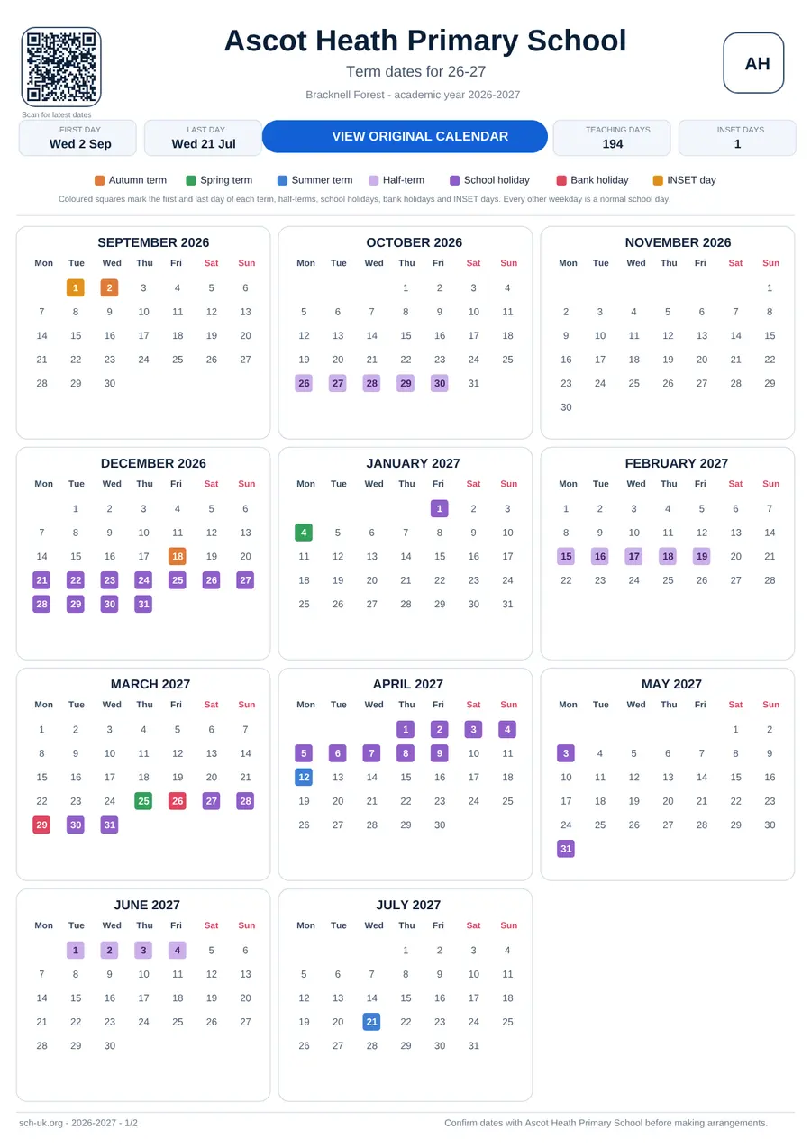 Ascot Heath Primary School interactive calendar 2026–2027