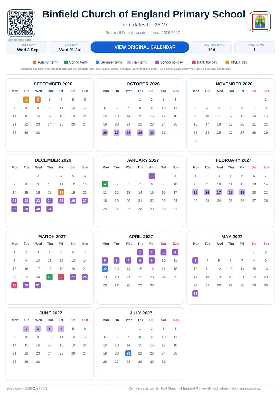 Binfield Church of England Primary School term dates calendar 2026–2027