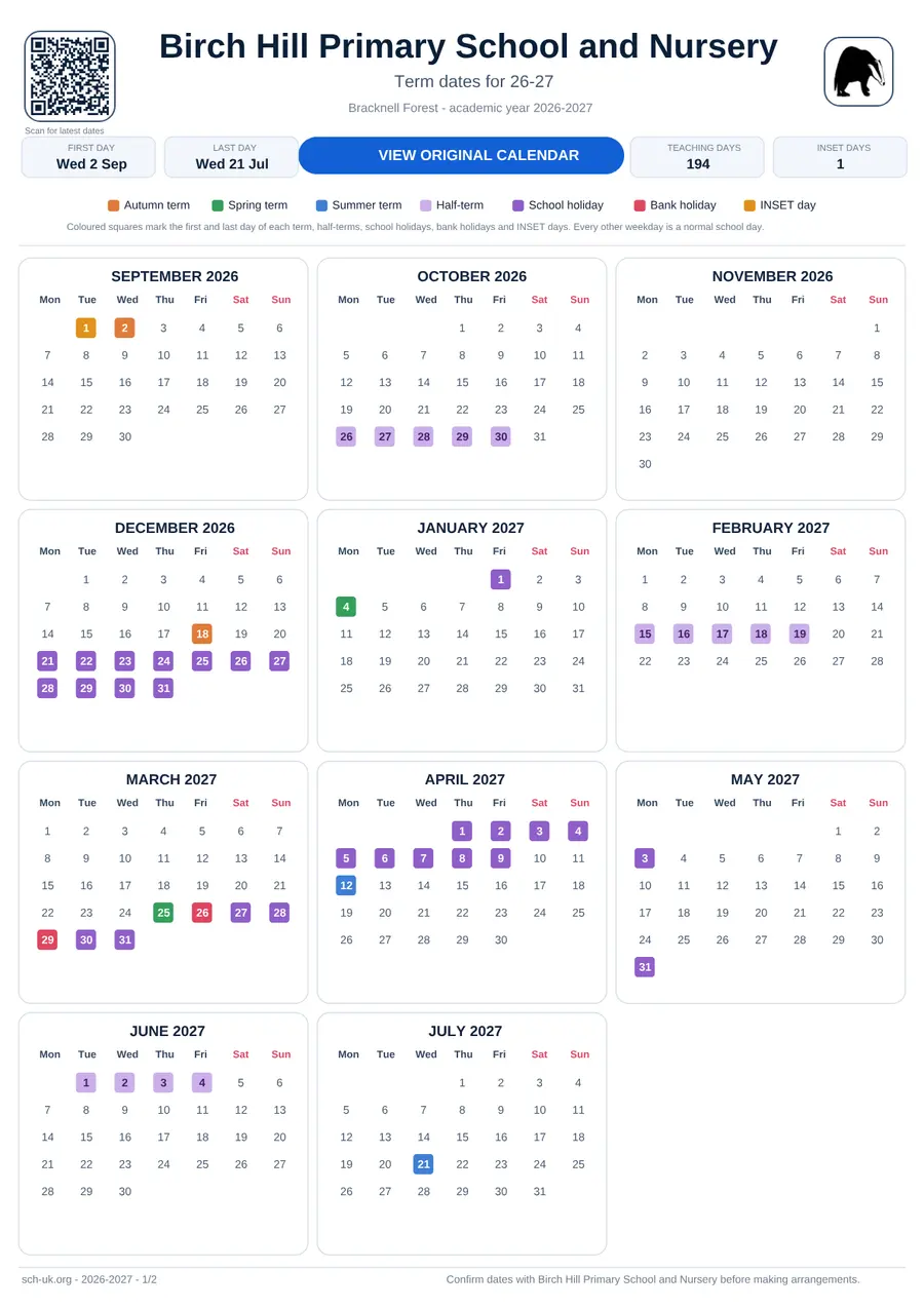 Birch Hill Primary School and Nursery term dates calendar 2026–2027