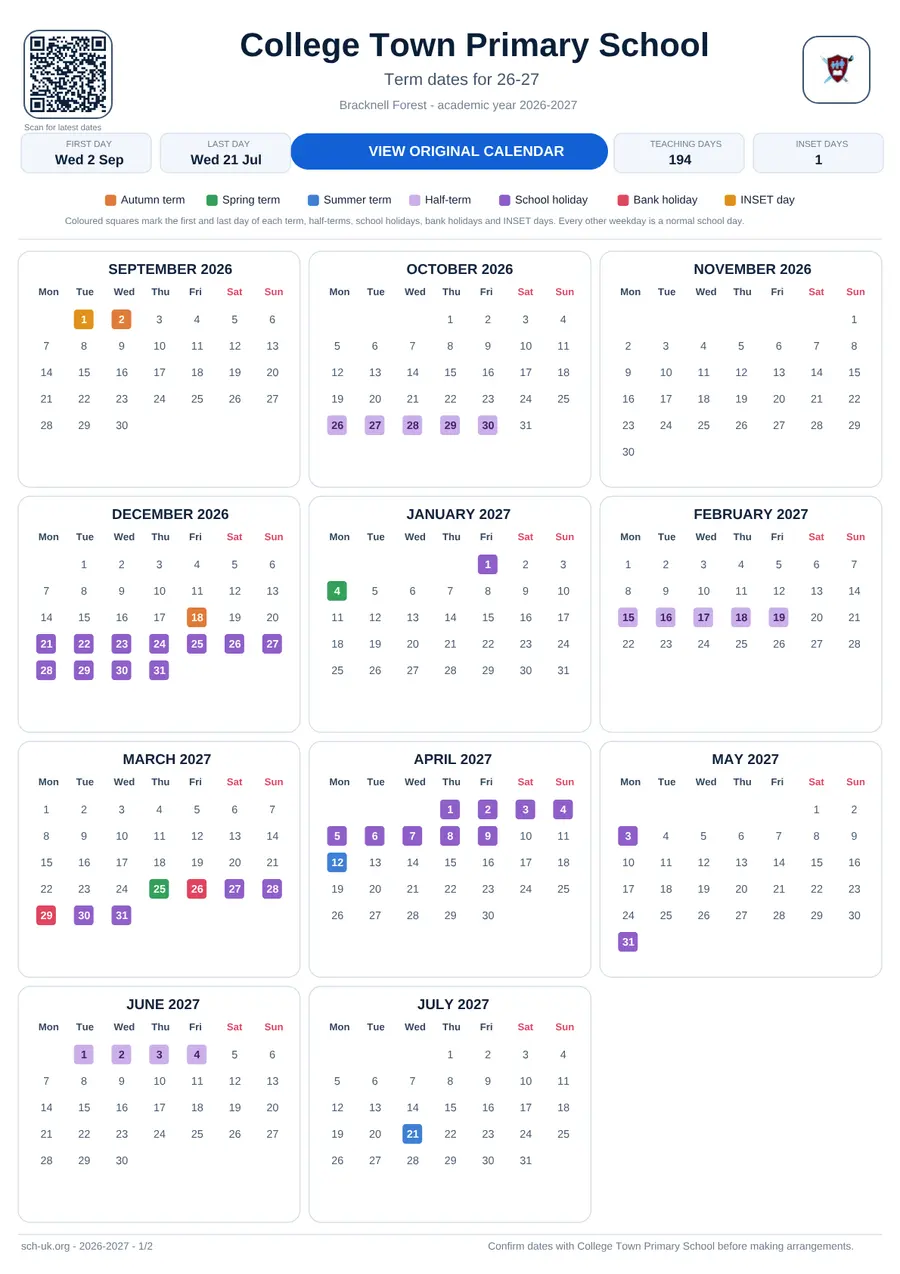 College Town Primary School term dates calendar 2026–2027