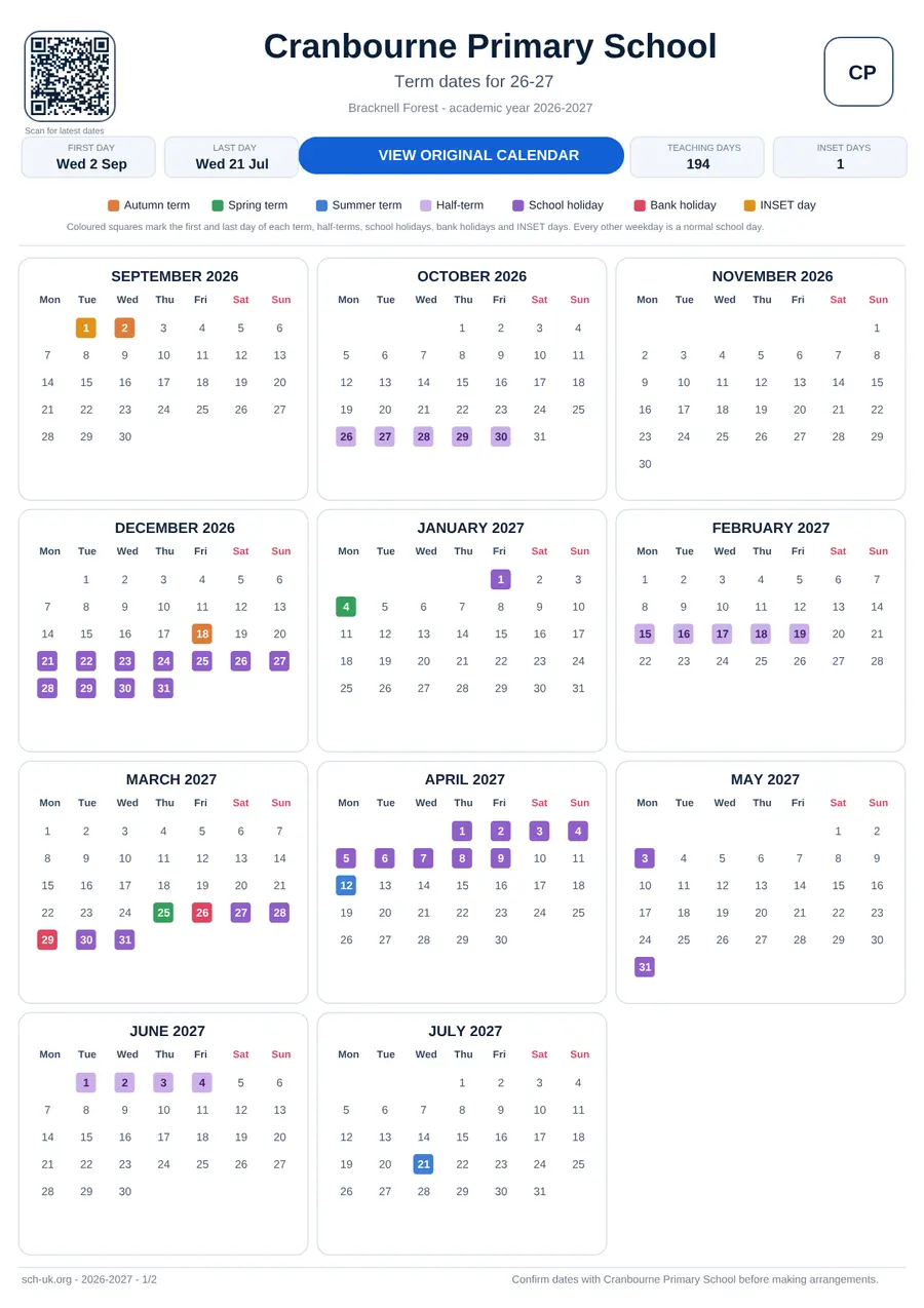 Cranbourne Primary School term dates calendar 2026–2027