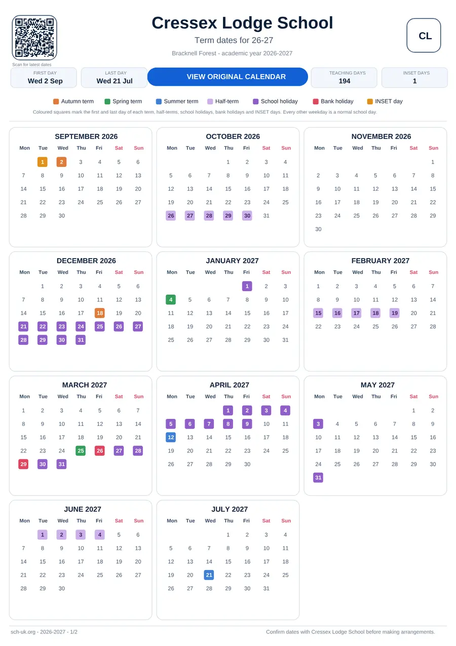 Cressex Lodge School term dates calendar 2026–2027