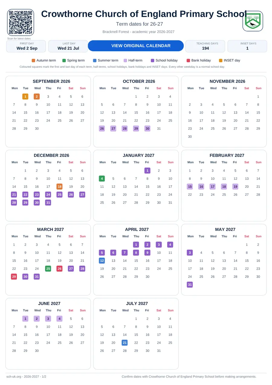 Crowthorne Church of England Primary School term dates calendar 2026–2027