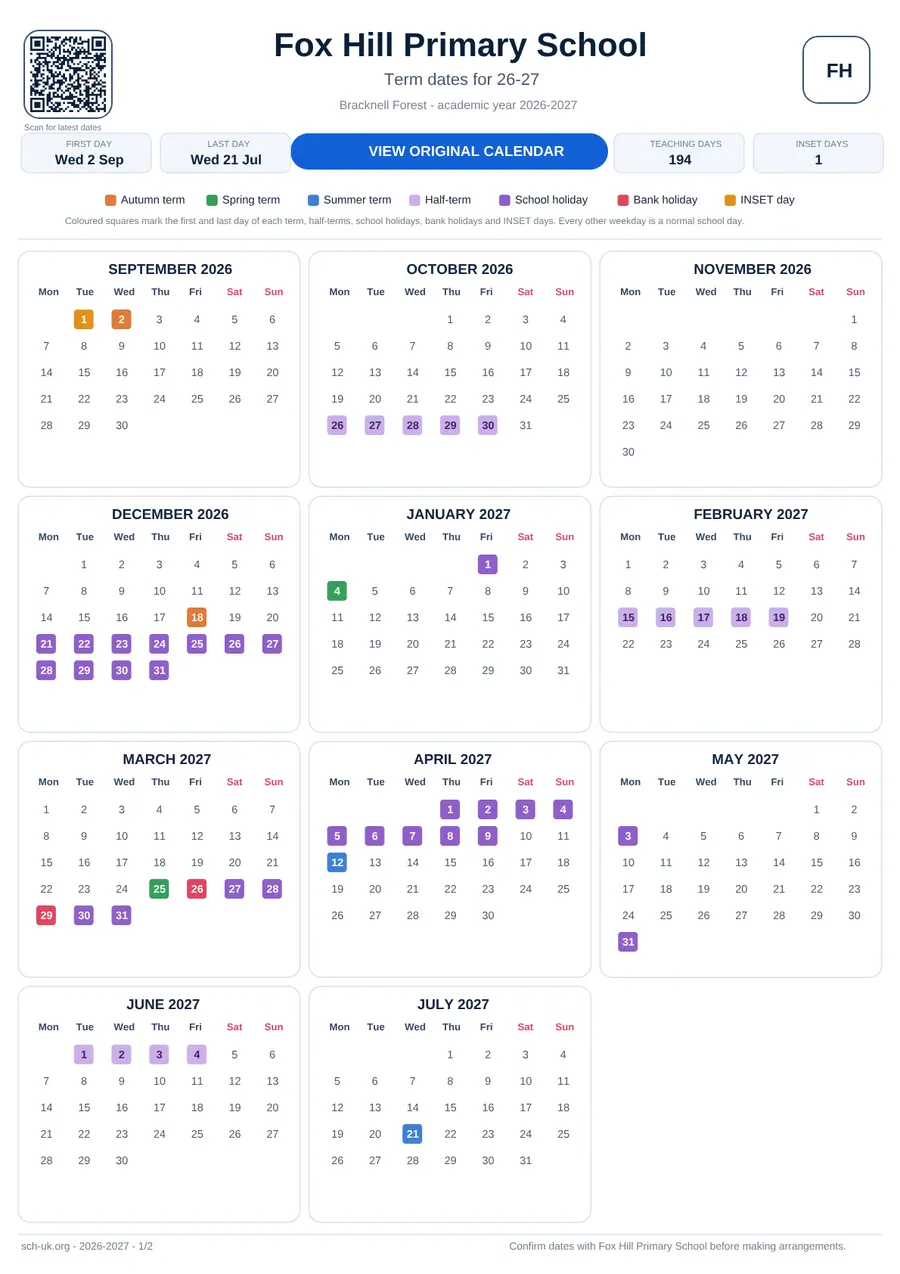 Fox Hill Primary School term dates calendar 2026–2027