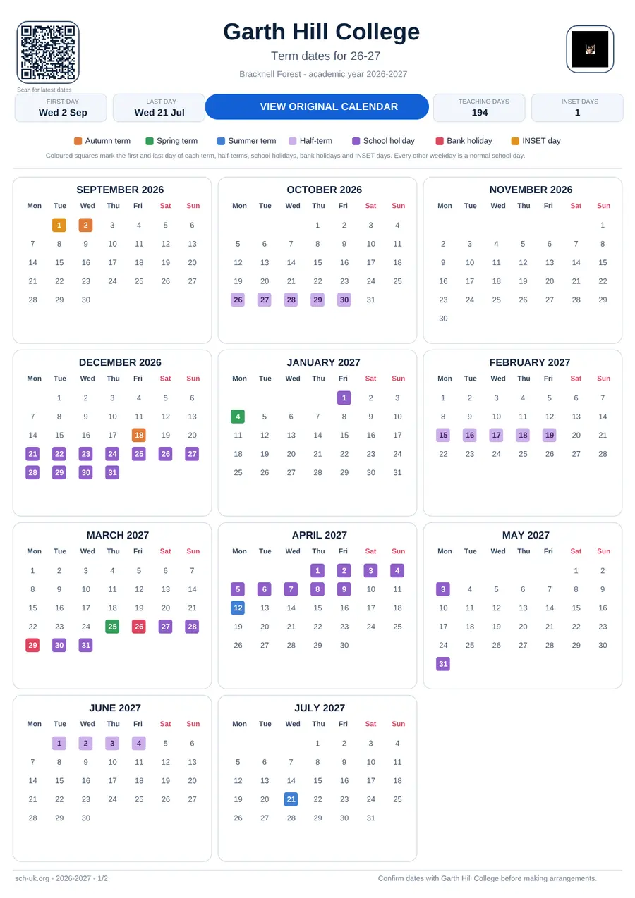 Garth Hill College term dates calendar 2026–2027