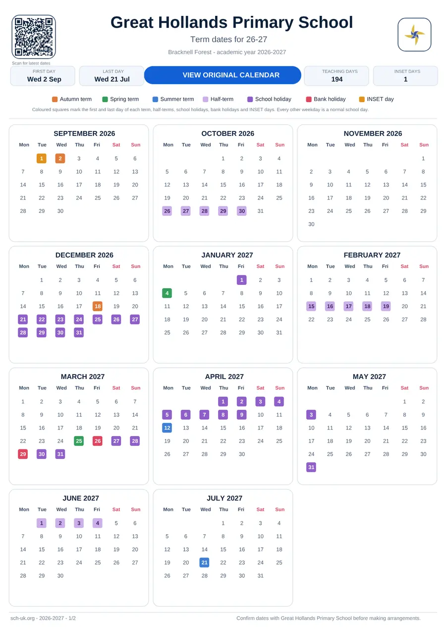 Great Hollands Primary School term dates calendar 2026–2027