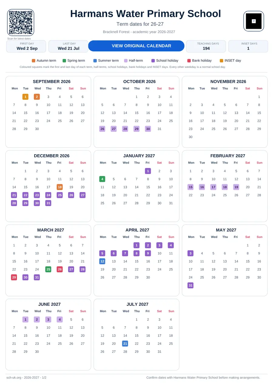 Harmans Water Primary School term dates calendar 2026–2027