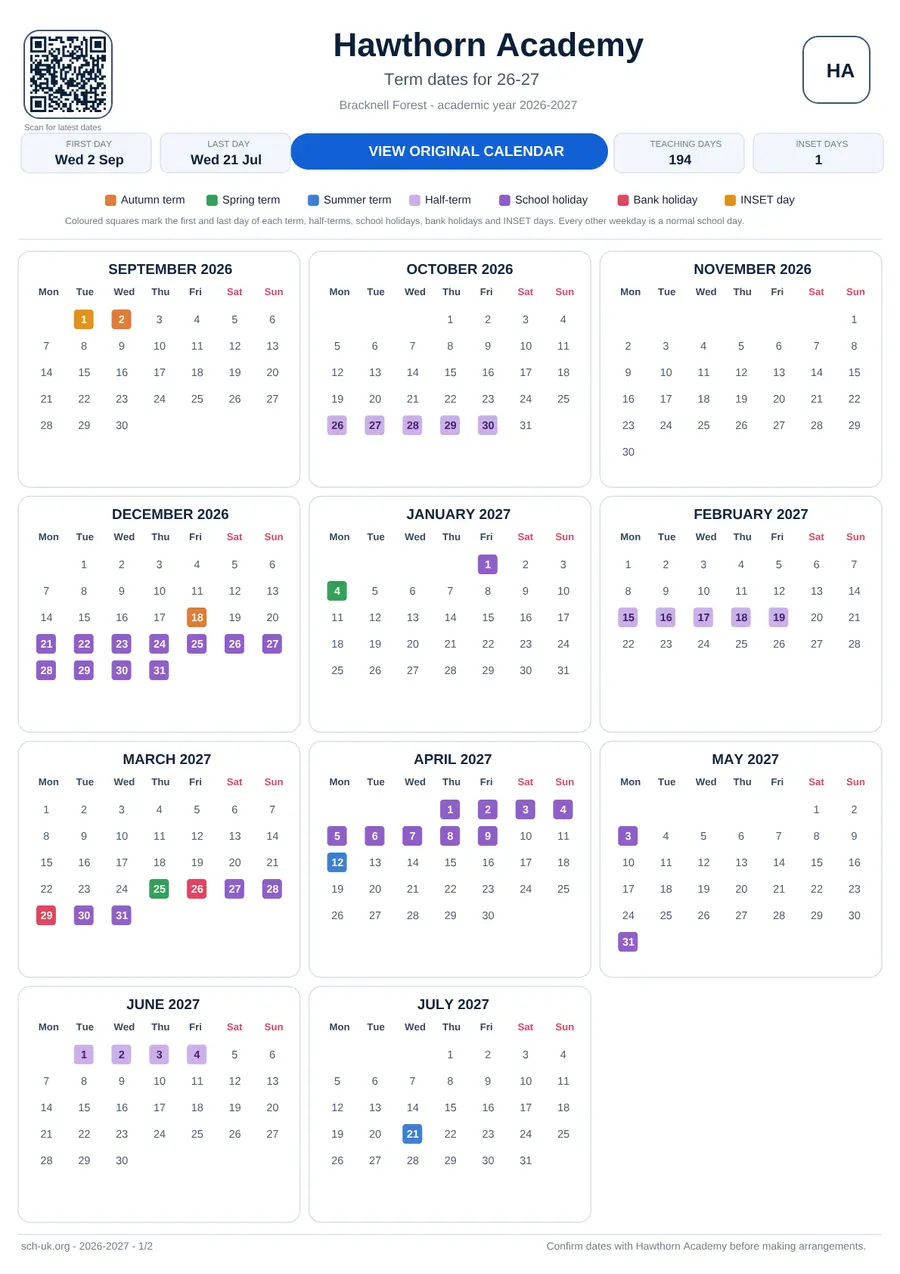 Hawthorn Academy term dates calendar 2026–2027