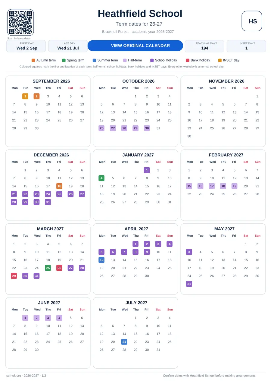Heathfield School term dates calendar 2026–2027
