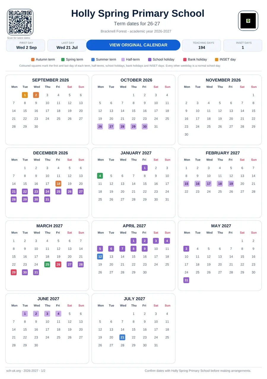 Holly Spring Primary School term dates calendar 2026–2027