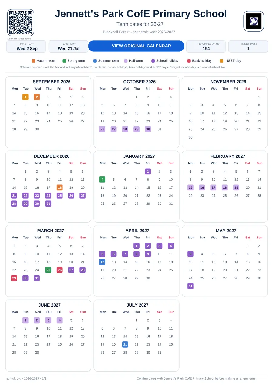 Jennett's Park CofE Primary School term dates calendar 2026–2027