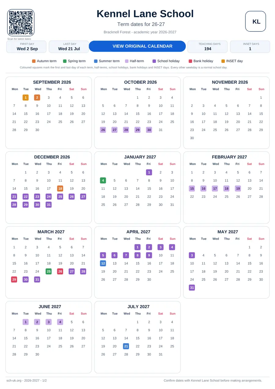 Kennel Lane School term dates calendar 2026–2027