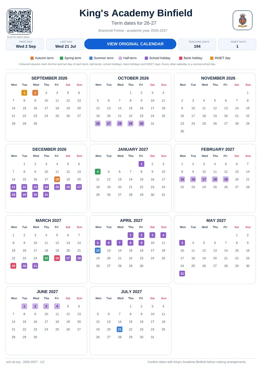King's Academy Binfield term dates calendar 2026–2027