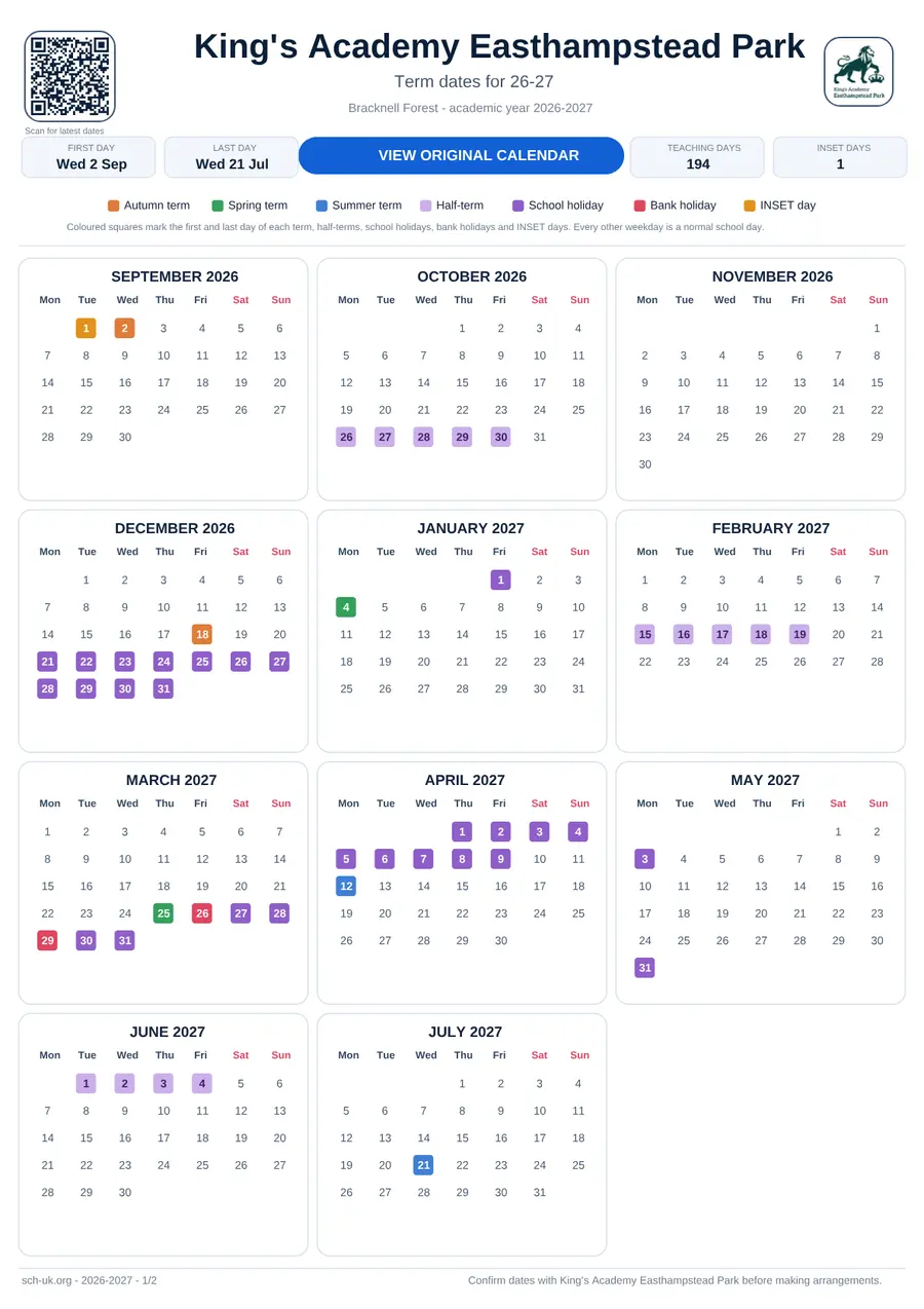 King's Academy Easthampstead Park term dates calendar 2026–2027