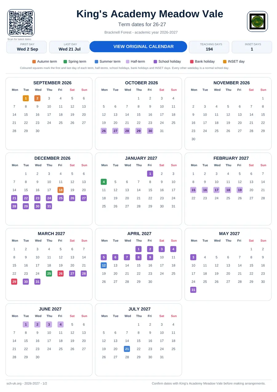 King's Academy Meadow Vale term dates calendar 2026–2027