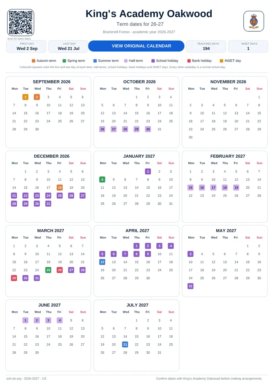 King's Academy Oakwood term dates calendar 2026–2027