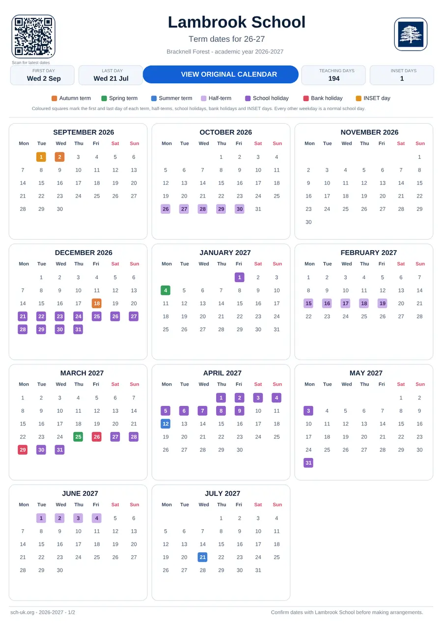 Lambrook School term dates calendar 2026–2027