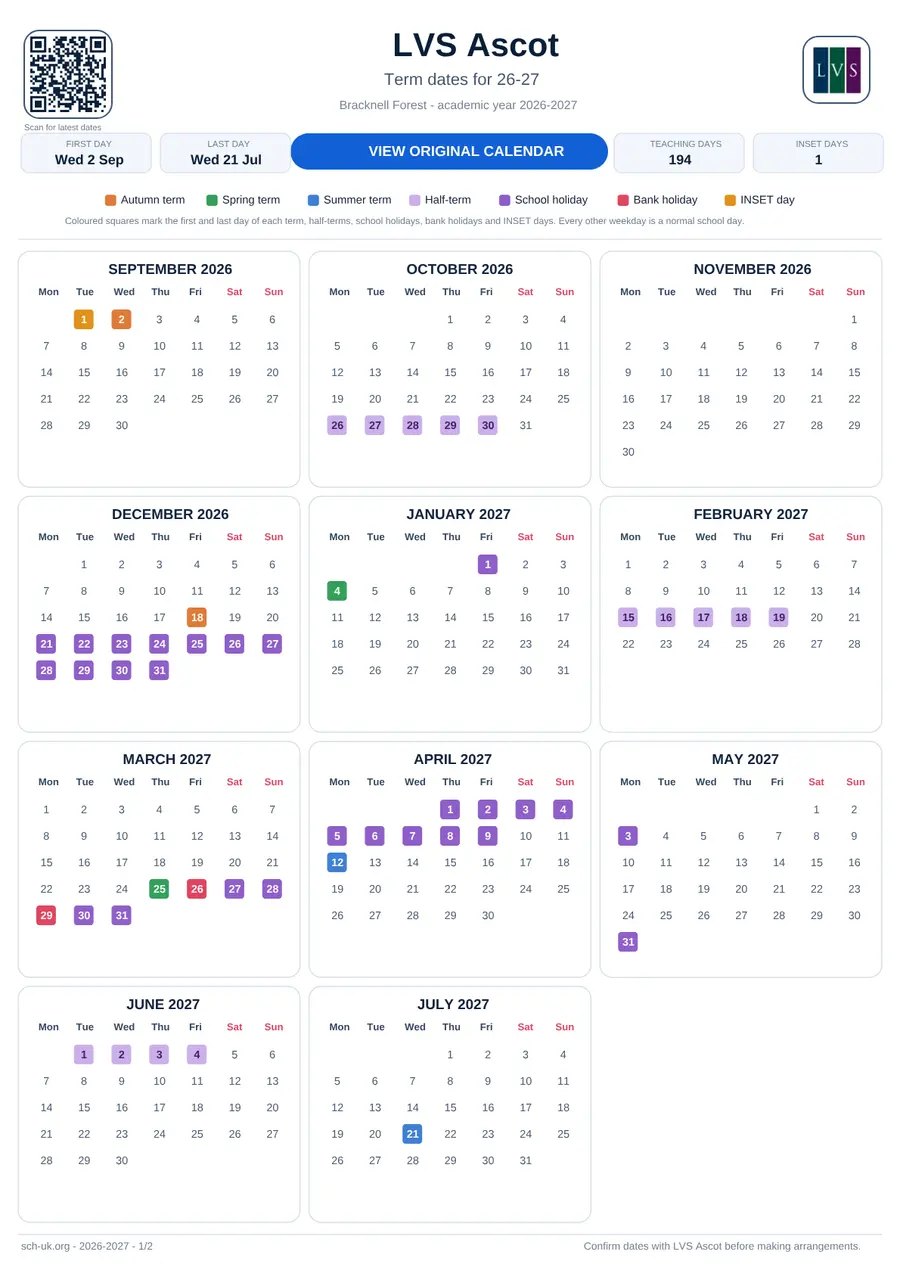 LVS Ascot term dates calendar 2026–2027