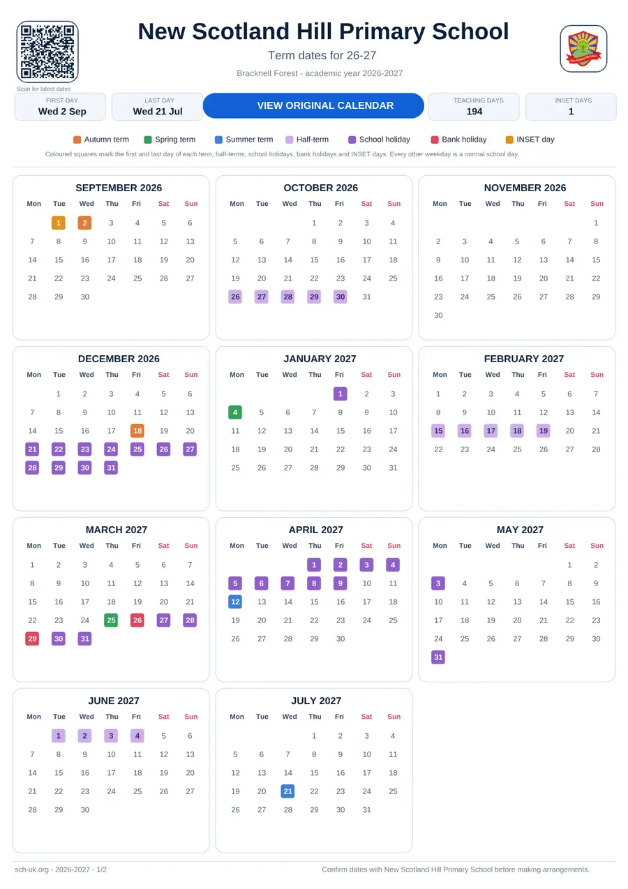 New Scotland Hill Primary School term dates calendar 2026–2027