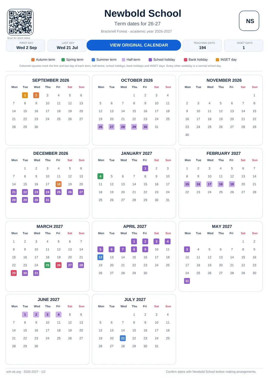 Newbold School term dates calendar 2026–2027