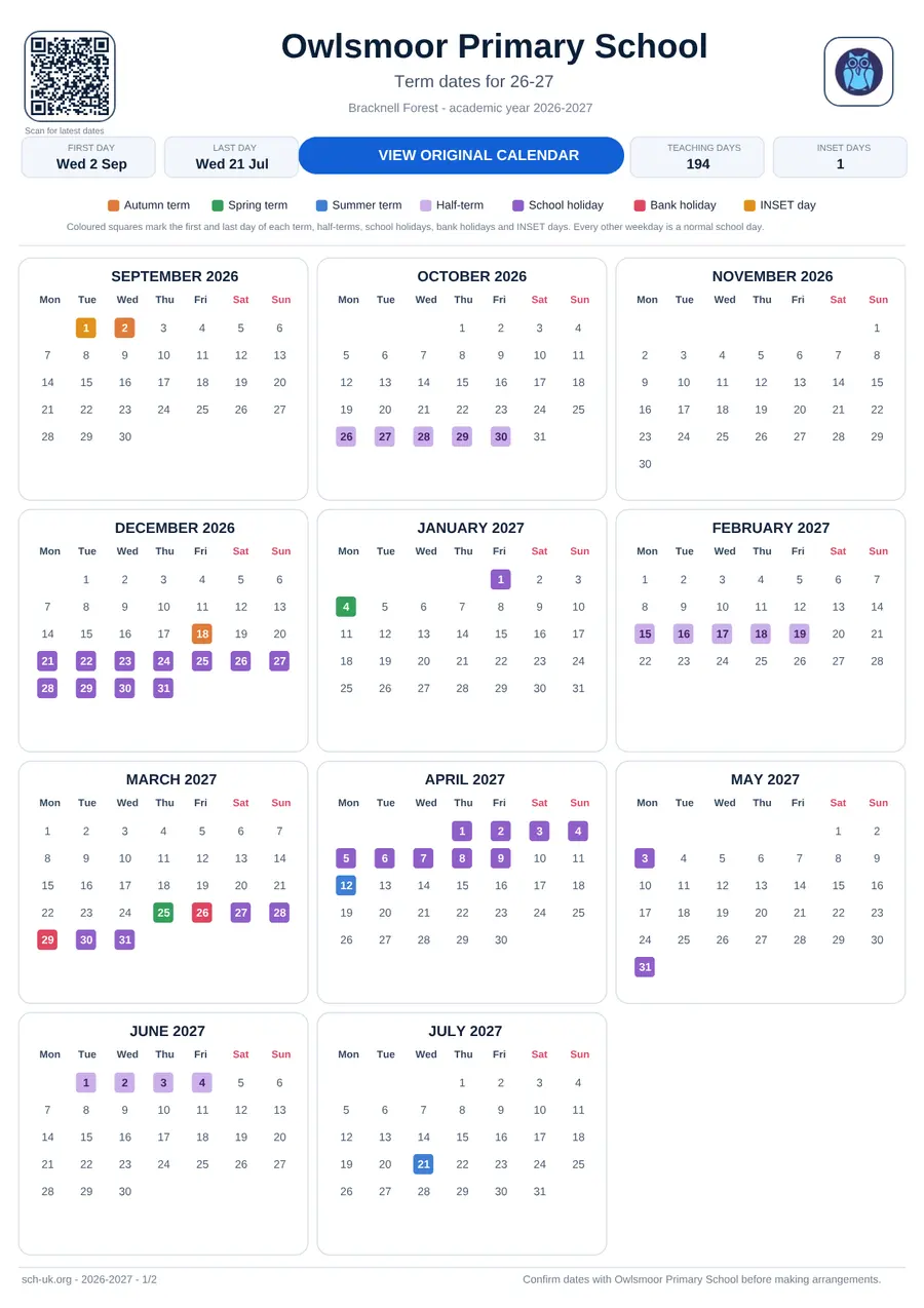 Owlsmoor Primary School interactive calendar 2026–2027