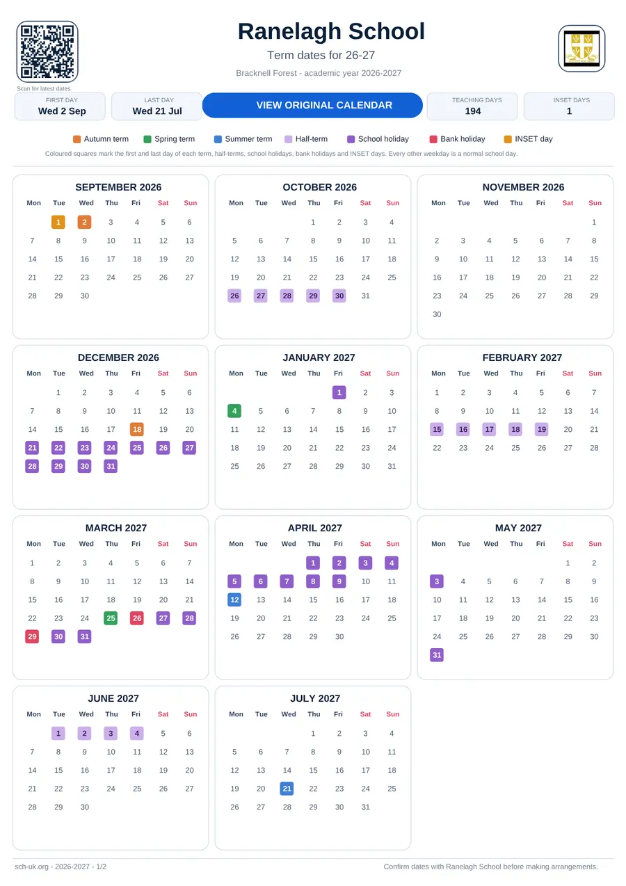 Ranelagh School term dates calendar 2026–2027