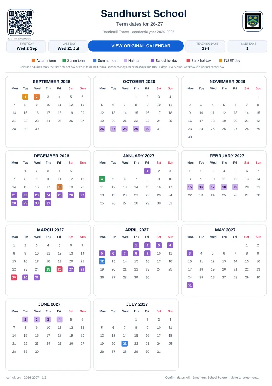 Sandhurst School term dates calendar 2026–2027