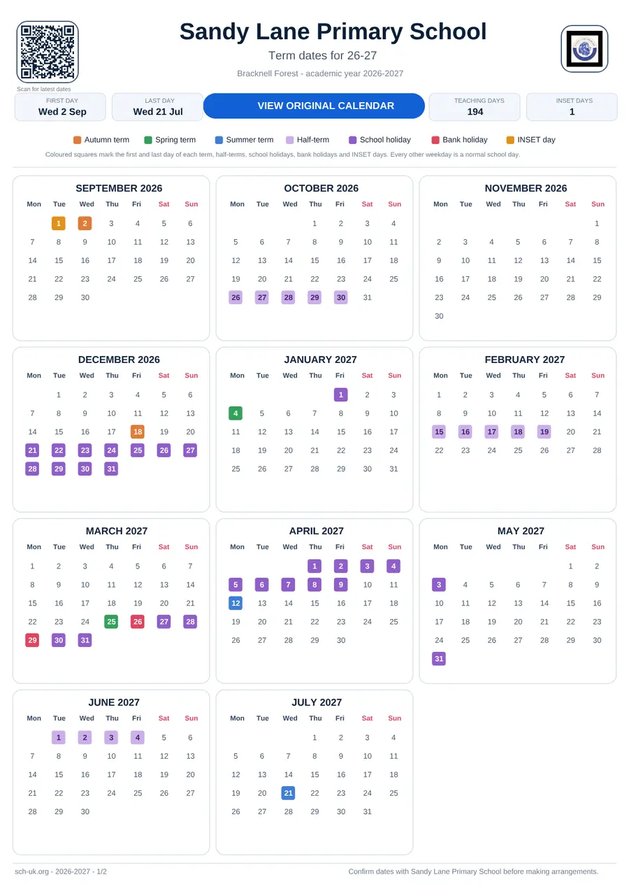 Sandy Lane Primary School term dates calendar 2026–2027