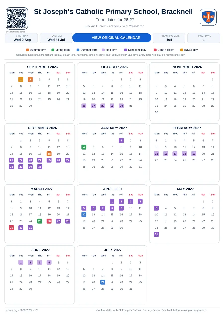 St Joseph's Catholic Primary School, Bracknell term dates calendar 2026–2027