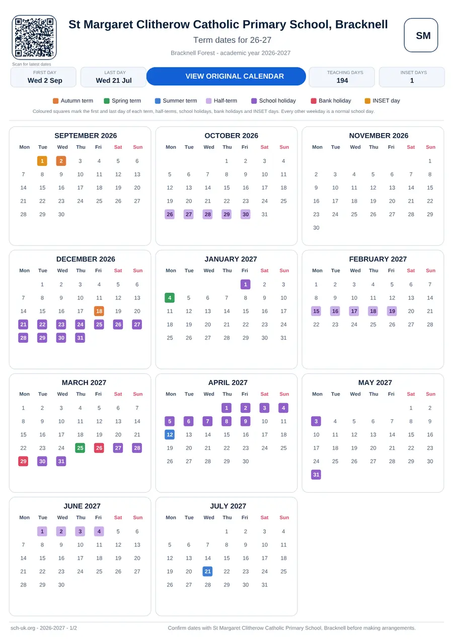 St Margaret Clitherow Catholic Primary School, Bracknell term dates calendar 2026–2027