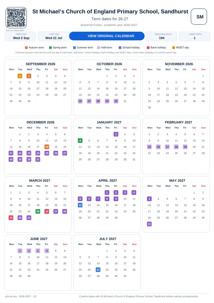 St Michael's Church of England Primary School, Sandhurst term dates calendar 2026–2027