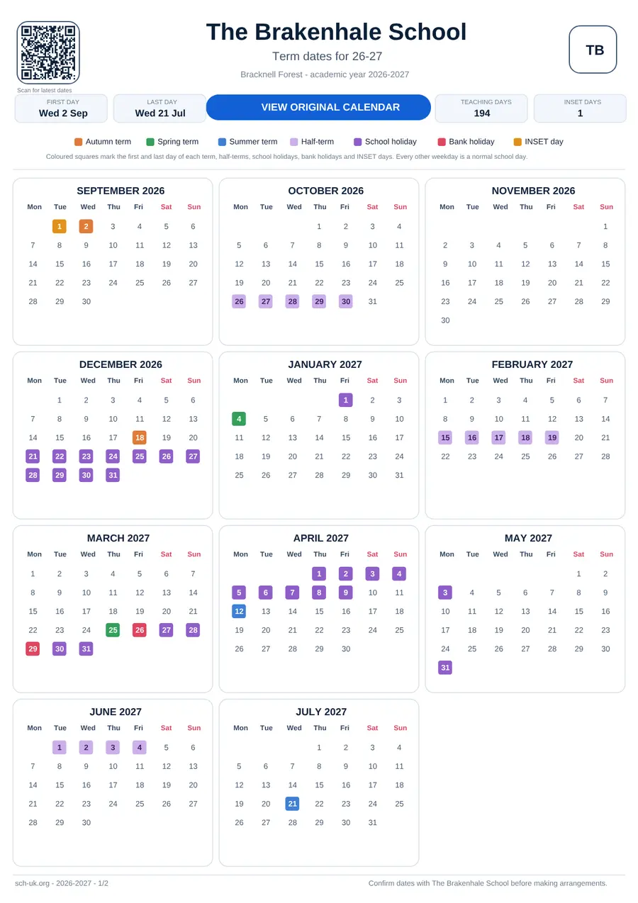 The Brakenhale School term dates calendar 2026–2027
