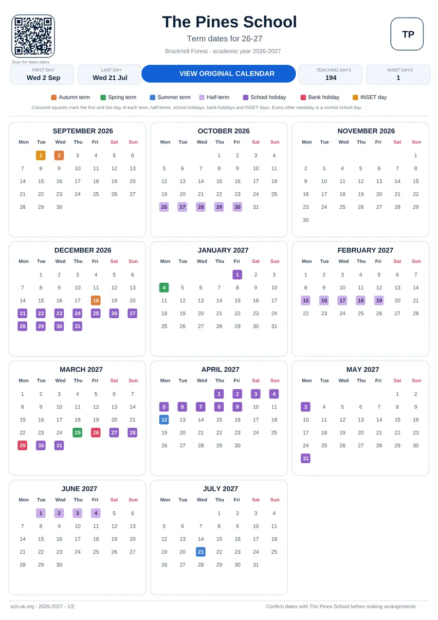 The Pines School term dates calendar 2026–2027