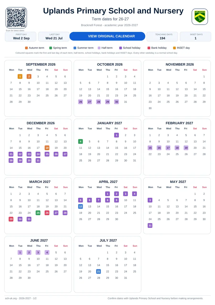 Uplands Primary School and Nursery term dates calendar 2026–2027