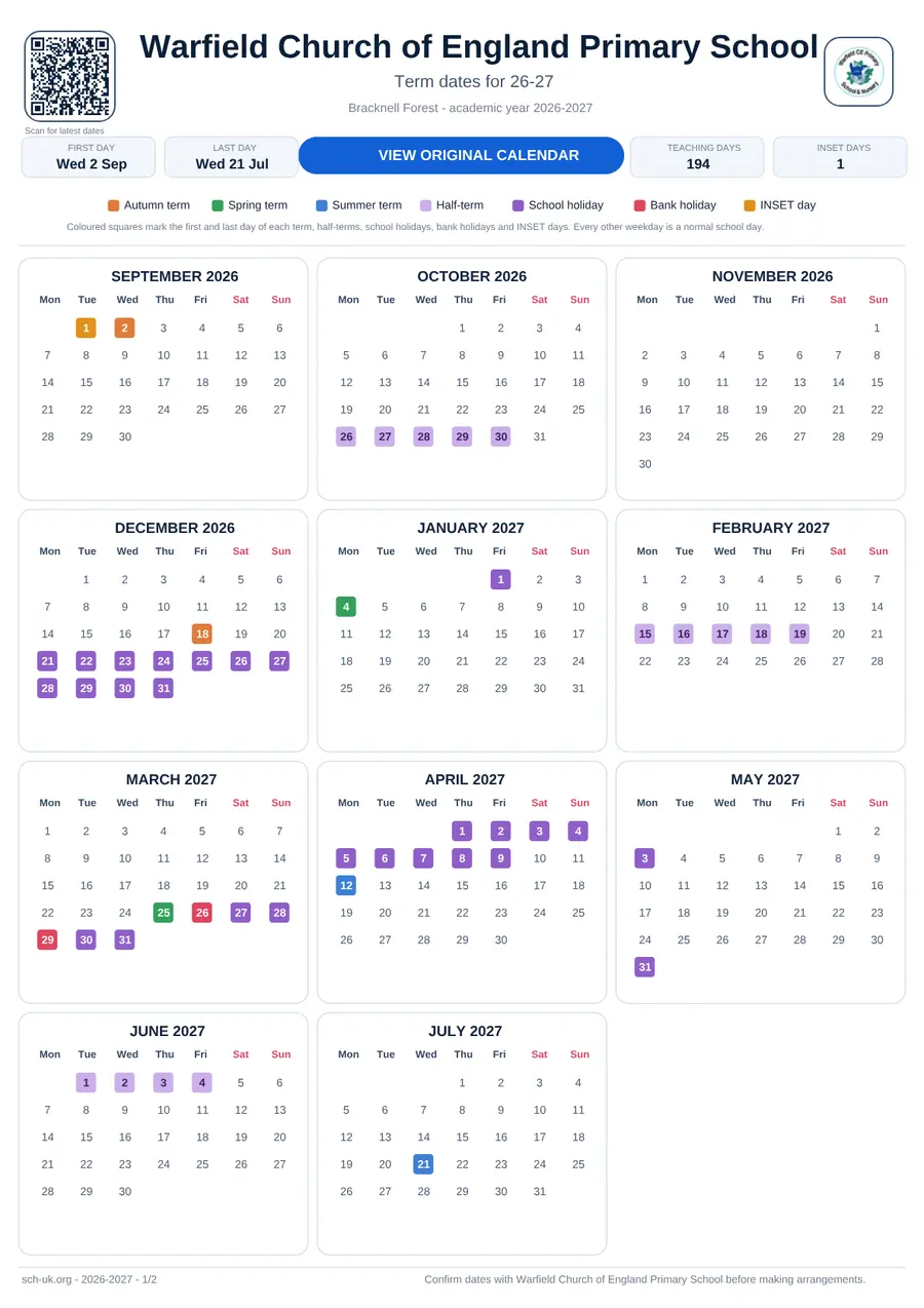 Warfield Church of England Primary School term dates calendar 2026–2027