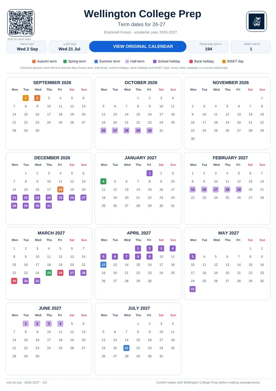 Wellington College Prep interactive calendar 2026–2027
