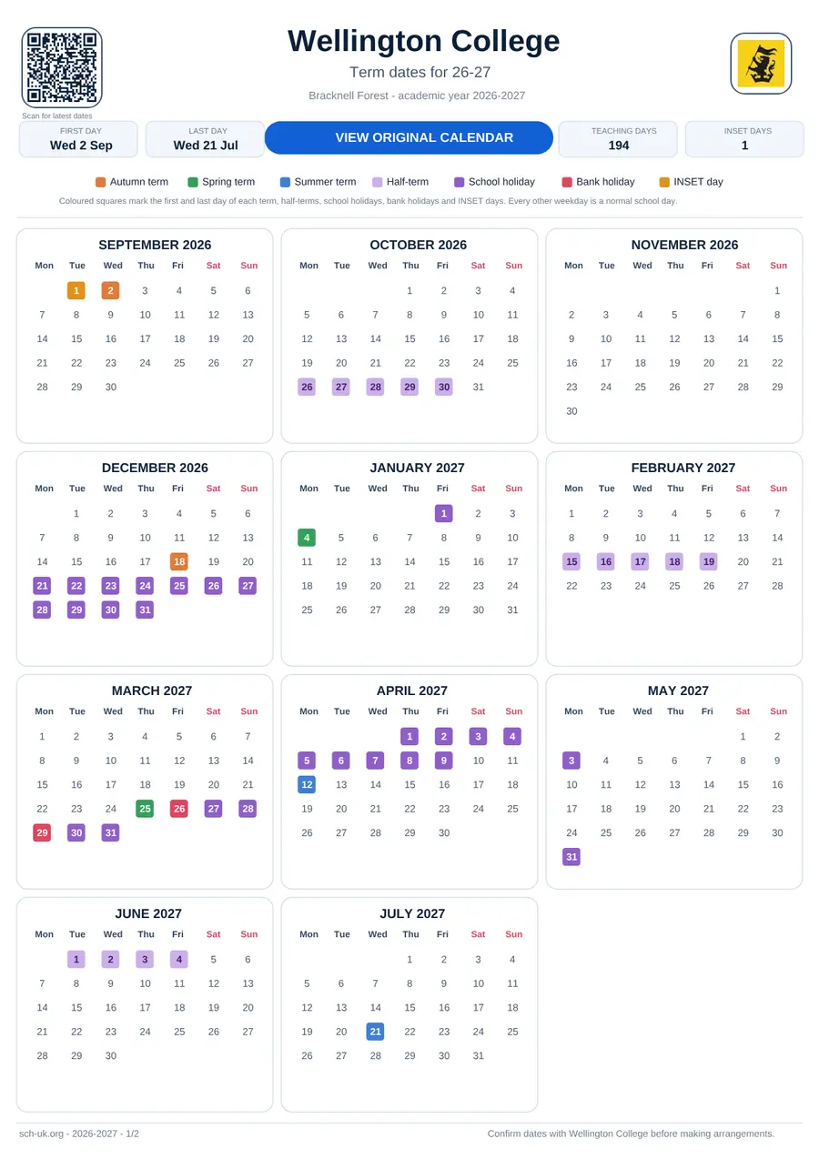 Wellington College term dates calendar 2026–2027