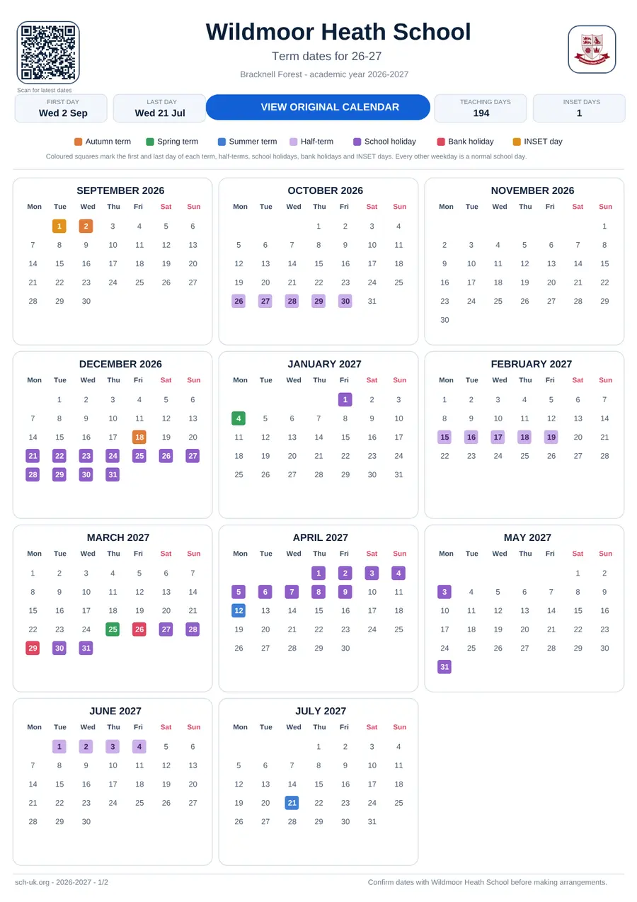 Wildmoor Heath School term dates calendar 2026–2027