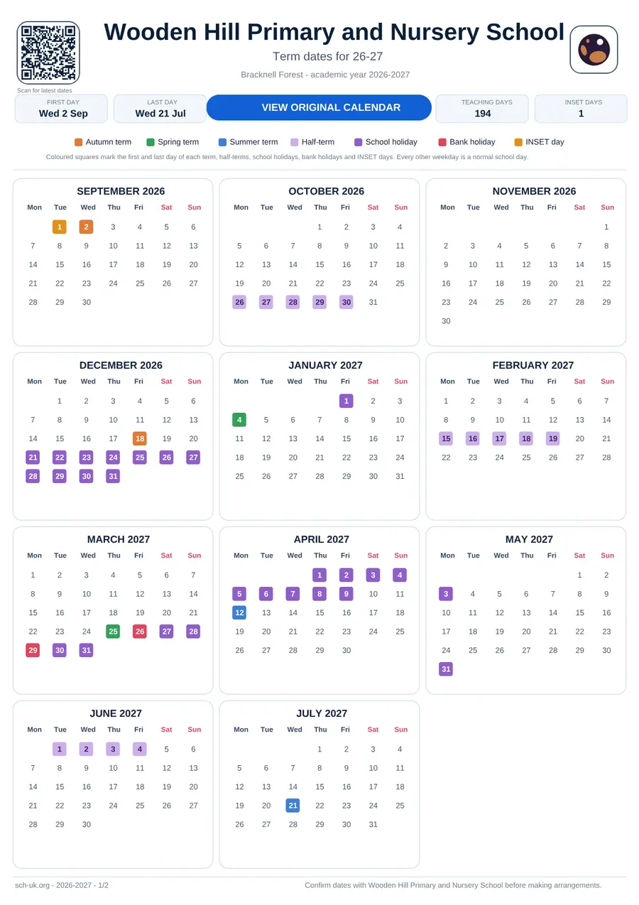 Wooden Hill Primary and Nursery School term dates calendar 2026–2027
