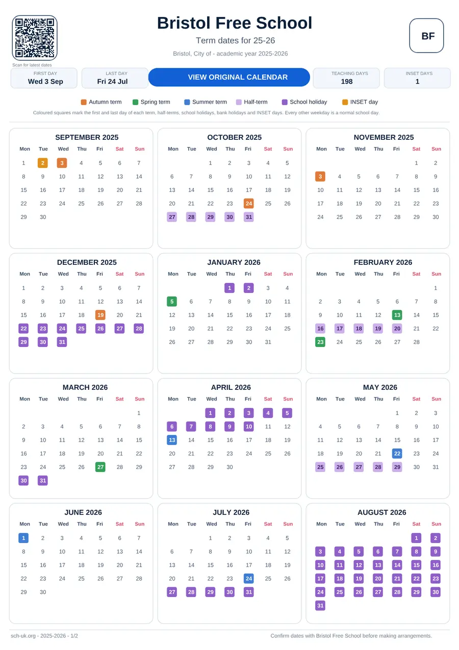 Bristol Free School interactive calendar 2025–2026