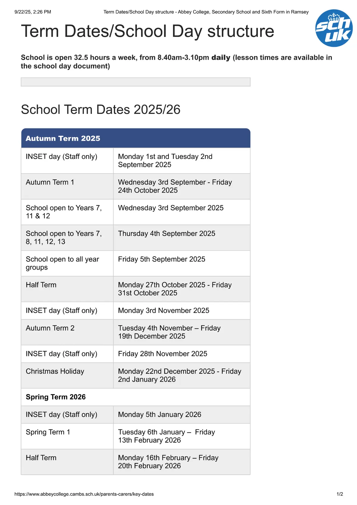 The Banovallum School term dates