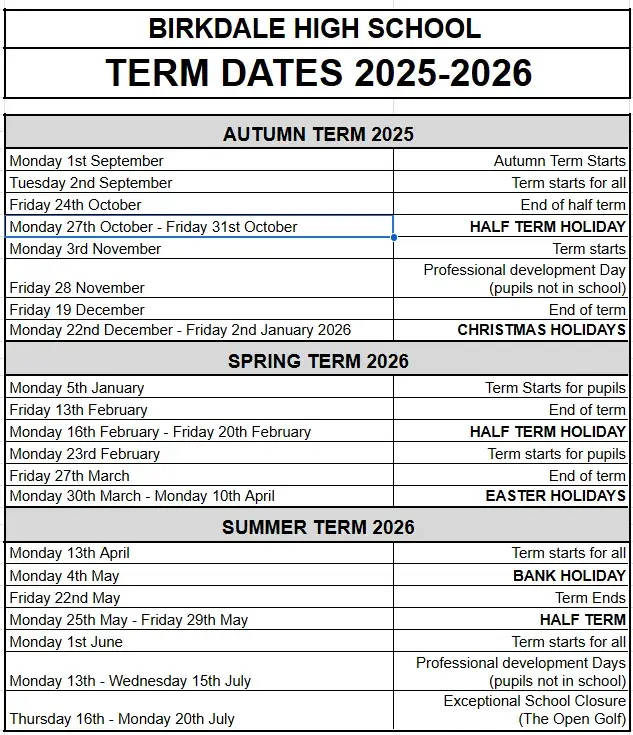Birkdale High School term dates