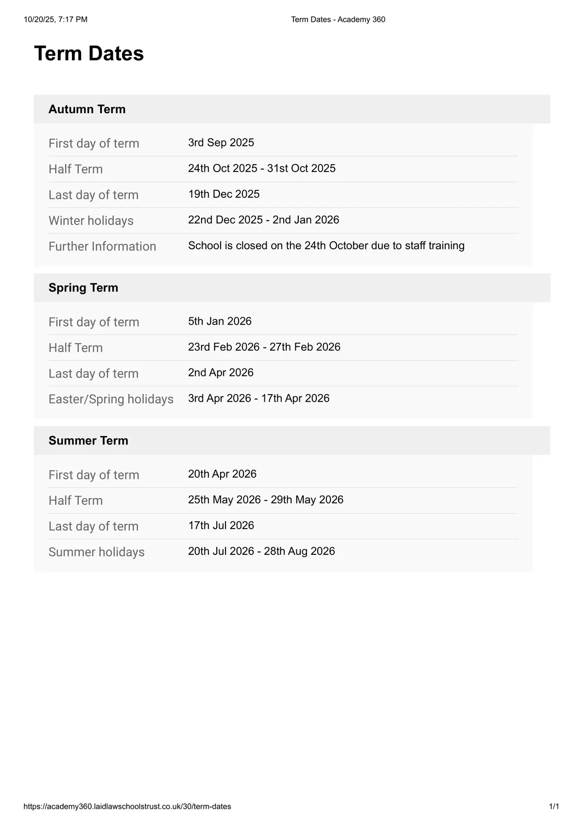 Jesmond Park Academy term dates