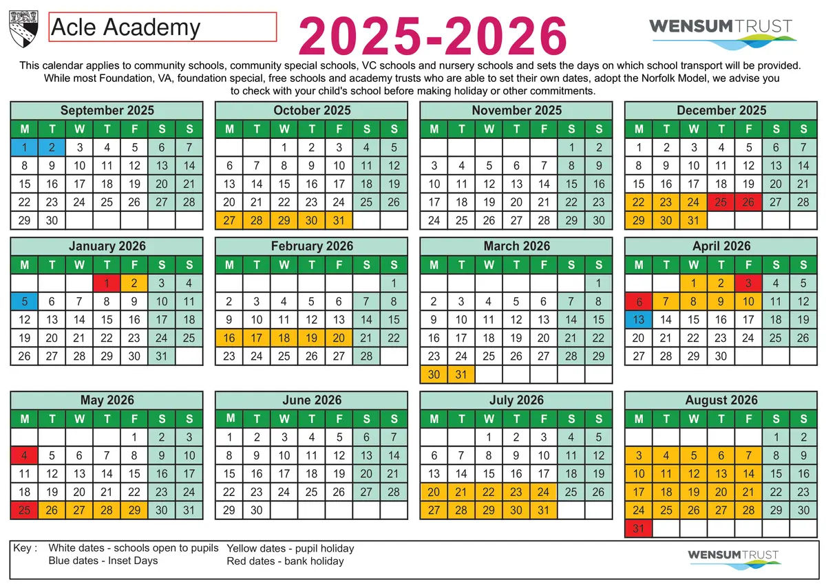 Acle Academy term dates calendar 2025–2026