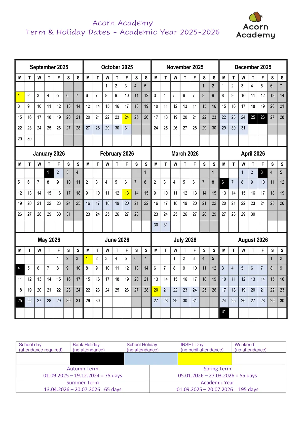 Acorn Academy term dates