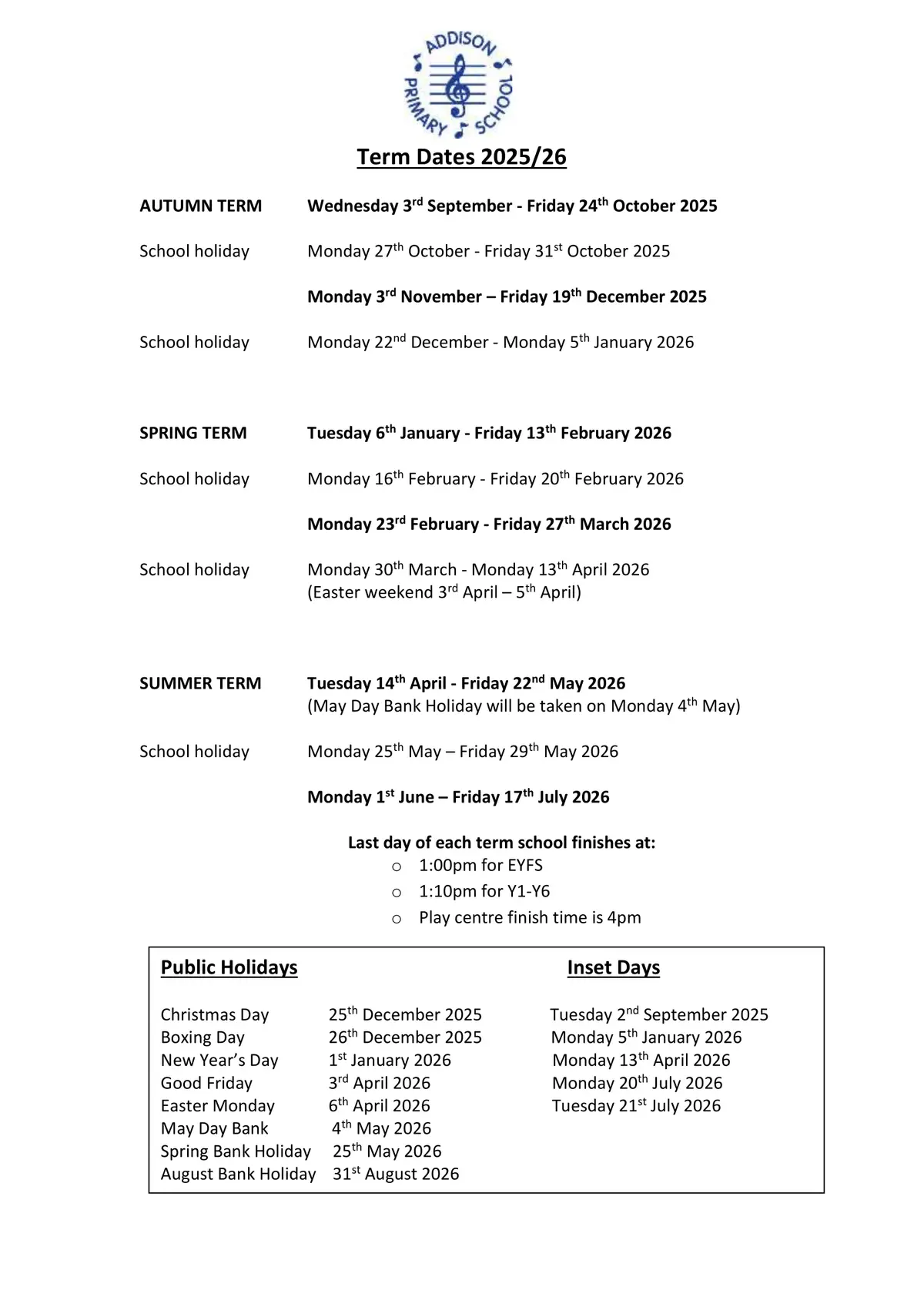 Addison Primary School term dates