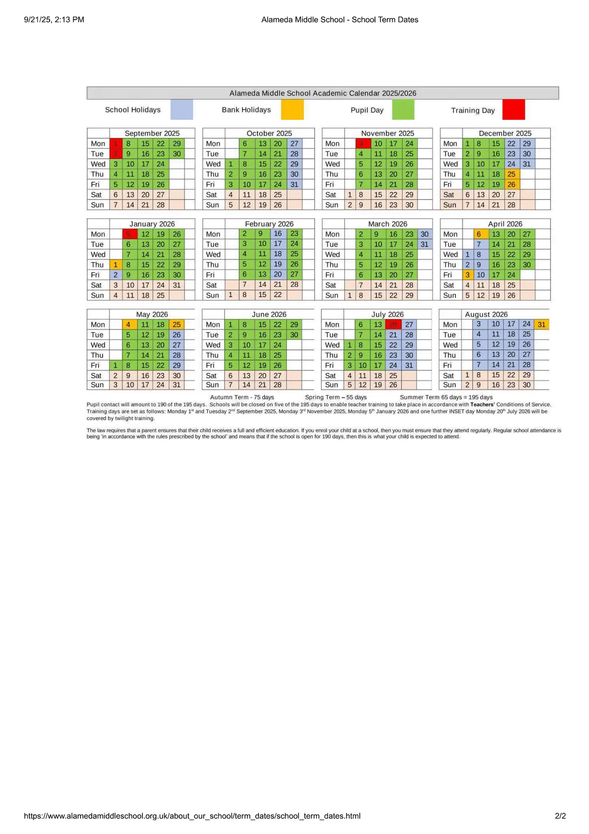 Alameda Middle School term dates