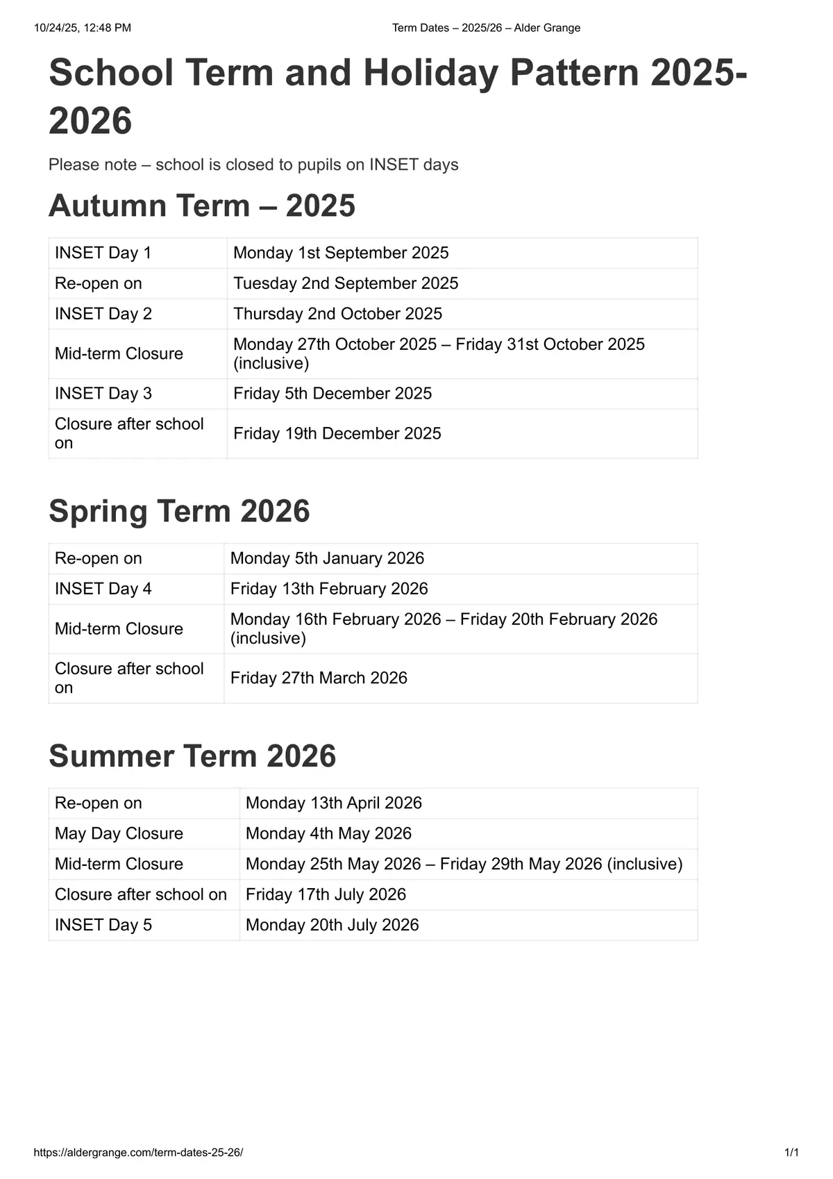 Alder Grange School term dates